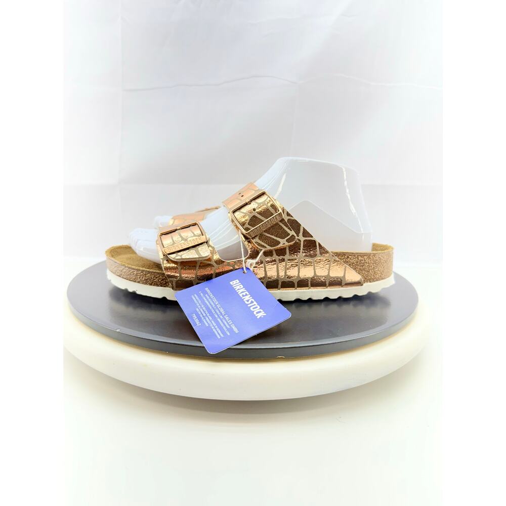 Birkenstock Metallic Rose Gold Two-Strap Sandals - Narrow fit